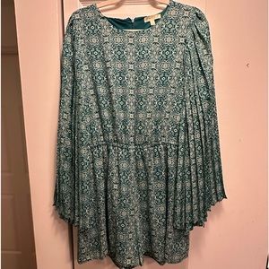 Love, Fire Teal & White Floral Romper with Flowy Sleeves